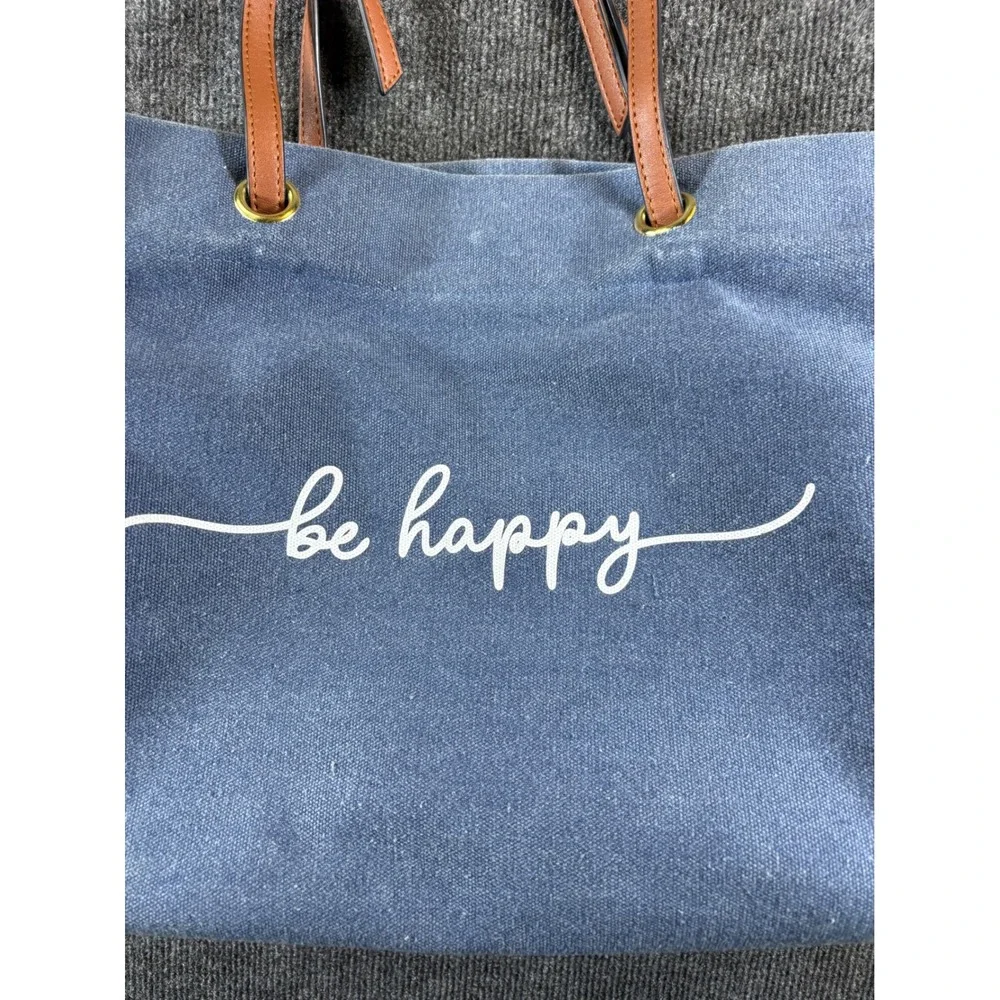 Blue Canvas Be‎ Happy Graphic Tote Bible Bag with Removable Pink Felt Organizer